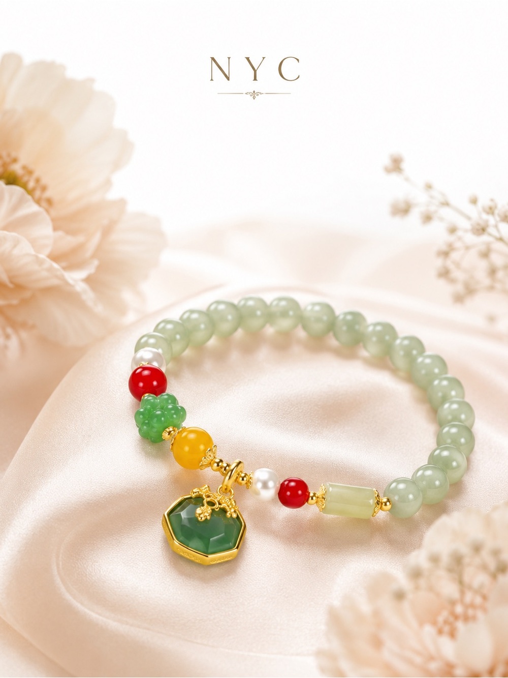 NYC Green Jade Beaded Charm Bracelet with Multicolor Accents random send